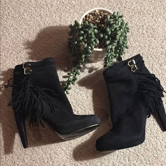 Sam Edelman Black Heeled Fringe Boots with gold trim - Picture 1 of 13